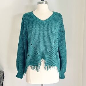 Almost Famous Green Knit V-Neck Sweater Fringe Hem Chenille, Large